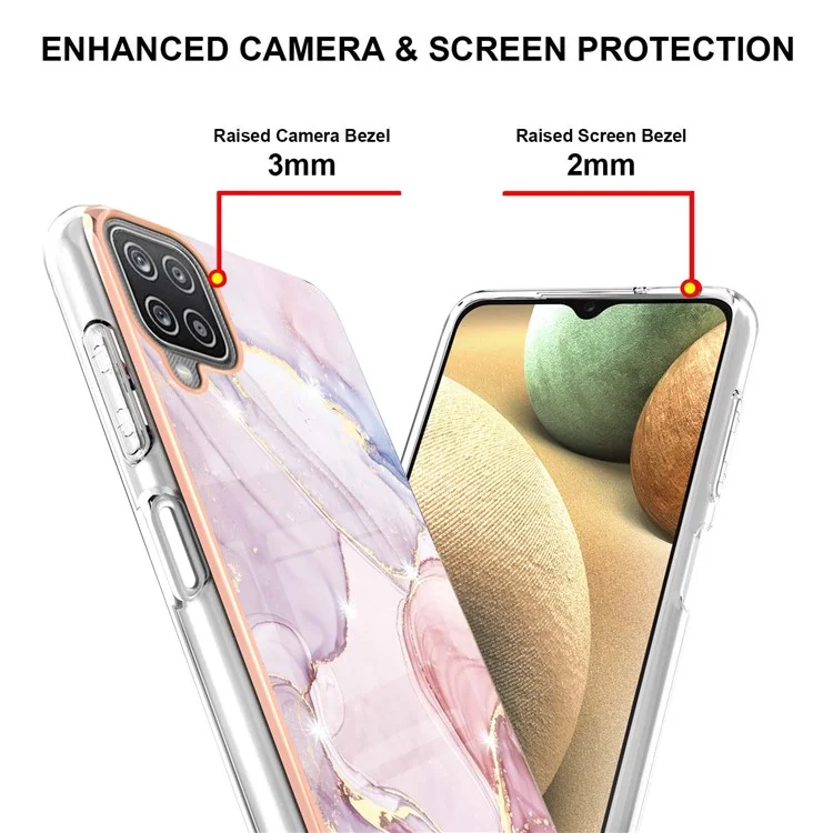 Capa Protetora Antichoque Resistente a Arranhões com Padrão de Mármore Eletroplatinado IMD Soft TPU para Samsung Galaxy A12 - Rose Gold 005
