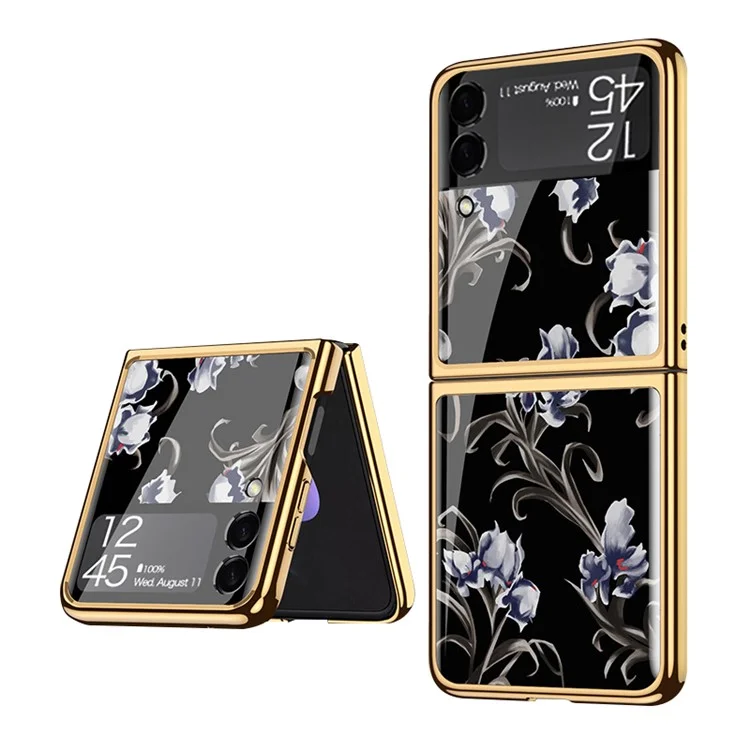 Étui de téléphone hybride en verre trempé et PC pour Samsung Galaxy Z Flip3 5G - motif floral 08