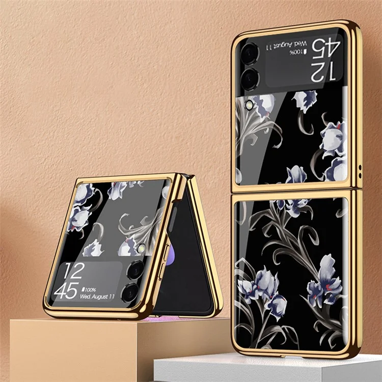 Étui de téléphone hybride en verre trempé et PC pour Samsung Galaxy Z Flip3 5G - motif floral 08