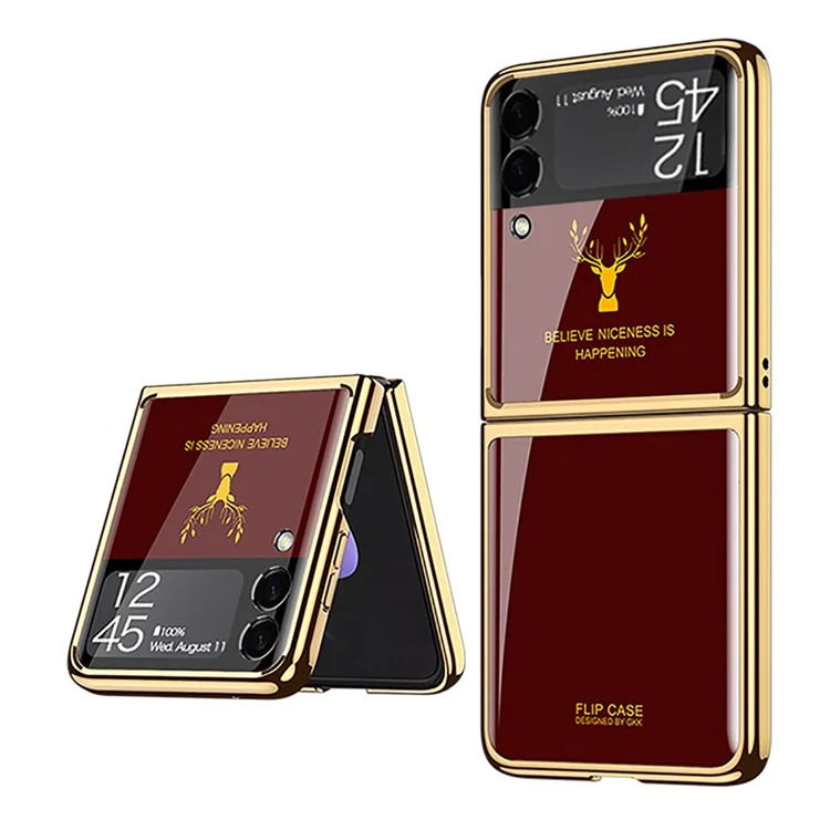GKK Elk Pattern Printing Electroplating Scratch-Resistant Lightweight Tempered Glass + PC Hybrid Phone Case Shell for Samsung Galaxy Z Flip3 5G - Red