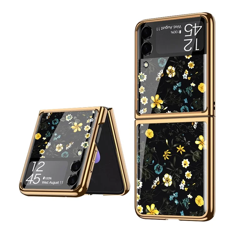 Étui de téléphone portable hybride en verre trempé et PC avec motif fleuri pour Samsung Galaxy Z Flip3 5G - Floral 06