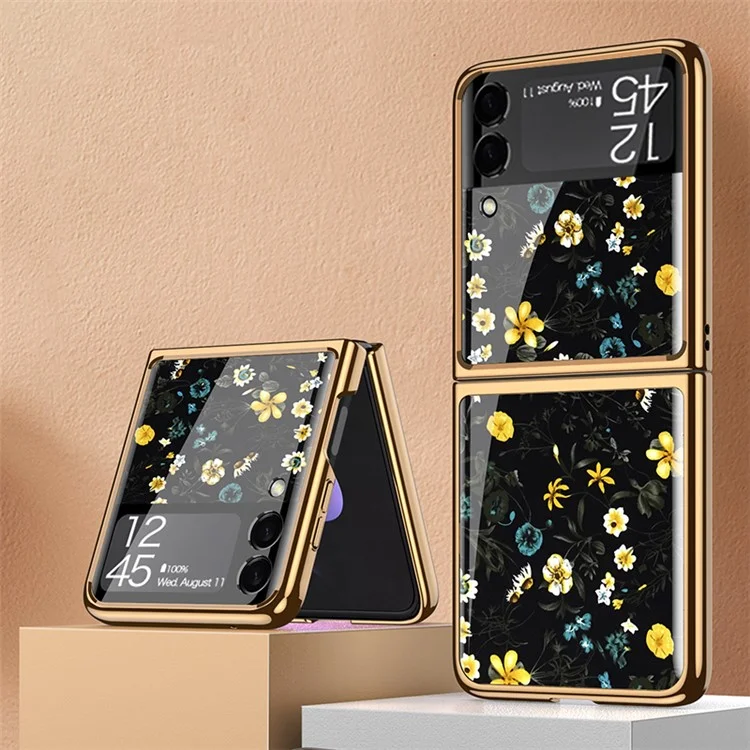 Étui de téléphone portable hybride en verre trempé et PC avec motif fleuri pour Samsung Galaxy Z Flip3 5G - Floral 06