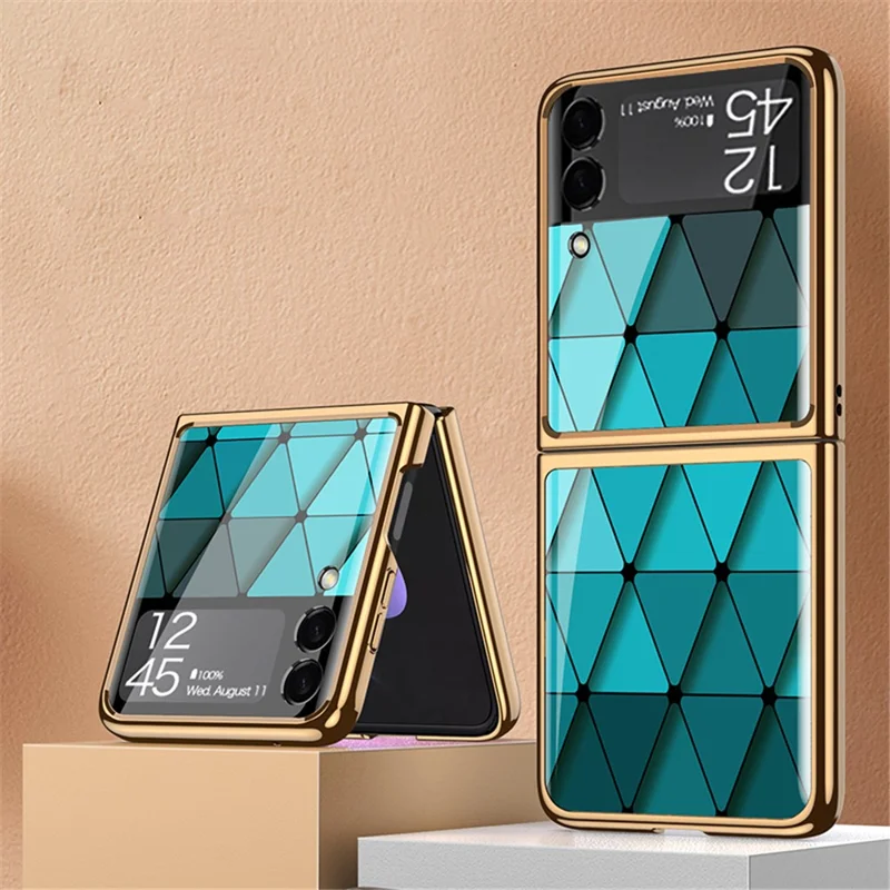GKK Pattern Printing Tempered Glass Back Hard PC Electroplating Frame Protective Phone Case for Samsung Galaxy Z Flip3 5G - Rhomboid Blue
