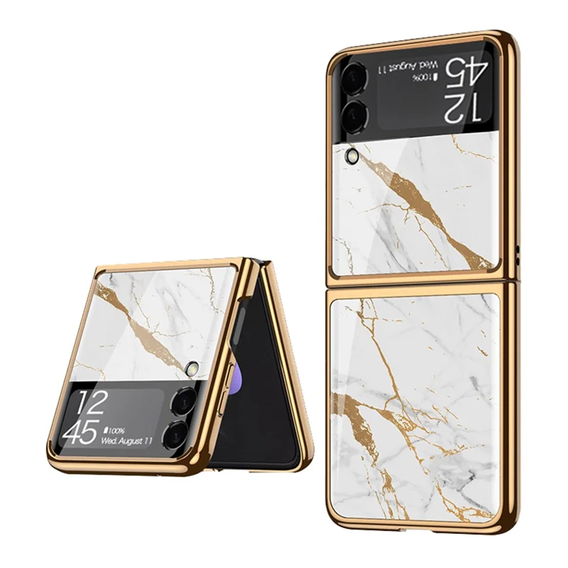 GKK Pattern Printing Tempered Glass Back Hard PC Electroplating Frame Protective Phone Case for Samsung Galaxy Z Flip3 5G - Gold/White