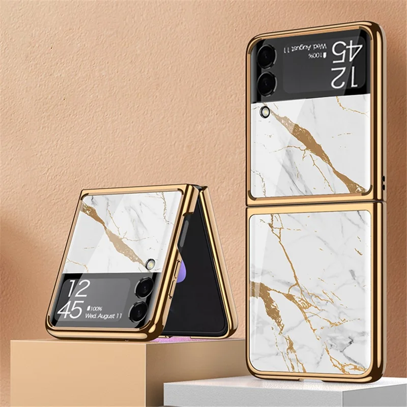 GKK Pattern Printing Tempered Glass Back Hard PC Electroplating Frame Protective Phone Case for Samsung Galaxy Z Flip3 5G - Gold/White
