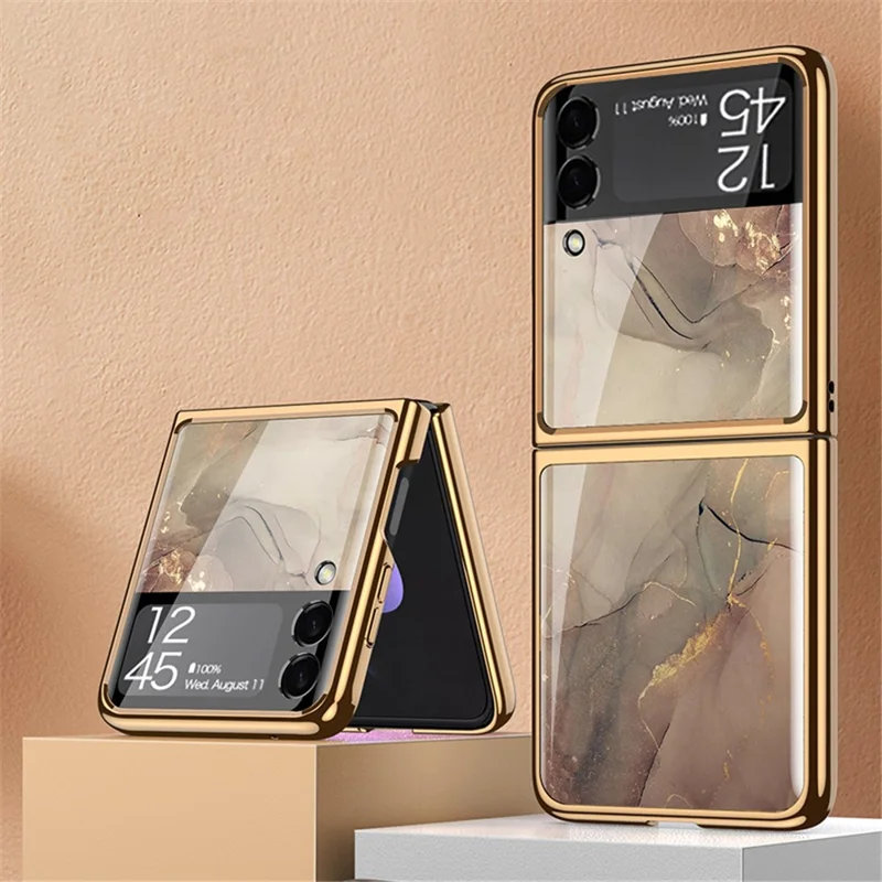 GKK Pattern Printing Tempered Glass Back Hard PC Electroplating Frame Protective Phone Case for Samsung Galaxy Z Flip3 5G - Champagne