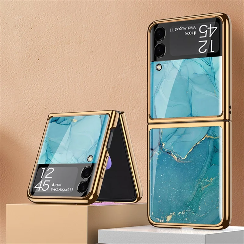 GKK Pattern Printing Tempered Glass Back Hard PC Electroplating Frame Protective Phone Case for Samsung Galaxy Z Flip3 5G - Lake Blue