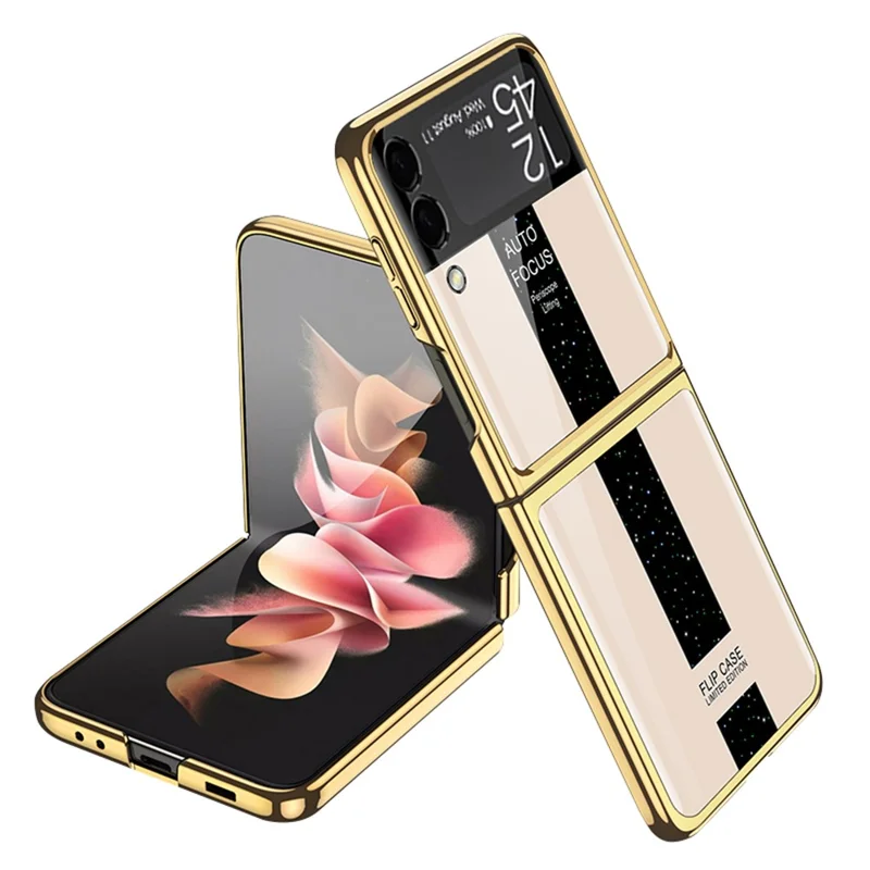 GKK Pattern Printing Tempered Glass Back Hard PC Electroplating Frame Protective Phone Case for Samsung Galaxy Z Flip3 5G - Gold