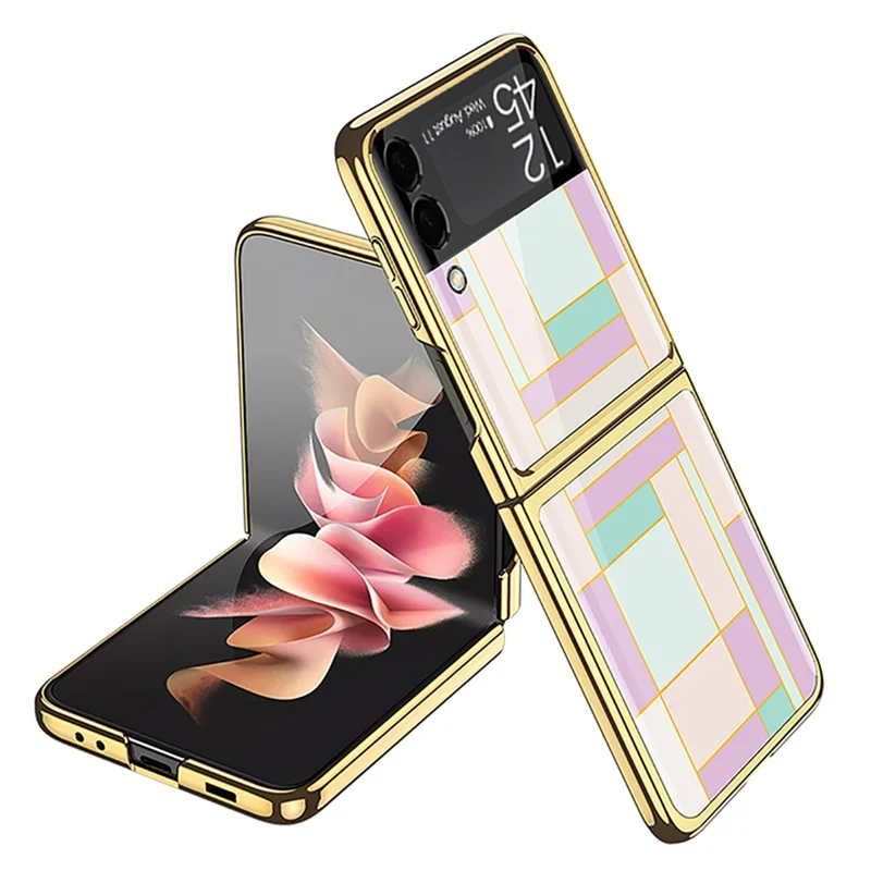 GKK Pattern Printing Tempered Glass Back Hard PC Electroplating Frame Protective Phone Case for Samsung Galaxy Z Flip3 5G - Purple/Cyan Grid