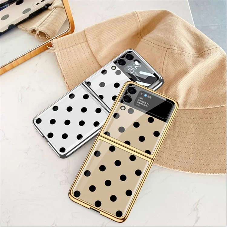 GKK Polka Dots Printing Electroplating Frame Tempered Glass + PC Foldable Phone Case Cover for Samsung Galaxy Z Flip3 5G - Dot/Black
