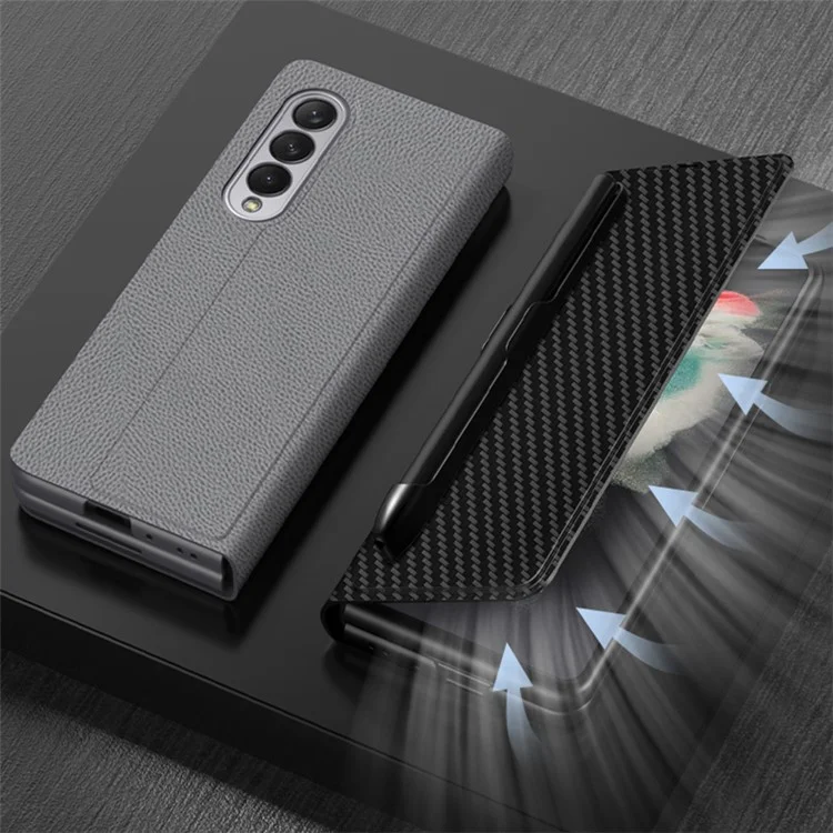 GKK Folio Flip Auto-absorbed Magnetic Fermeure Pen Slot Design Anti-Drop PU Leather + PC Téléphone PC Pour Samsung Galaxy Z Fold3 5G - Gris