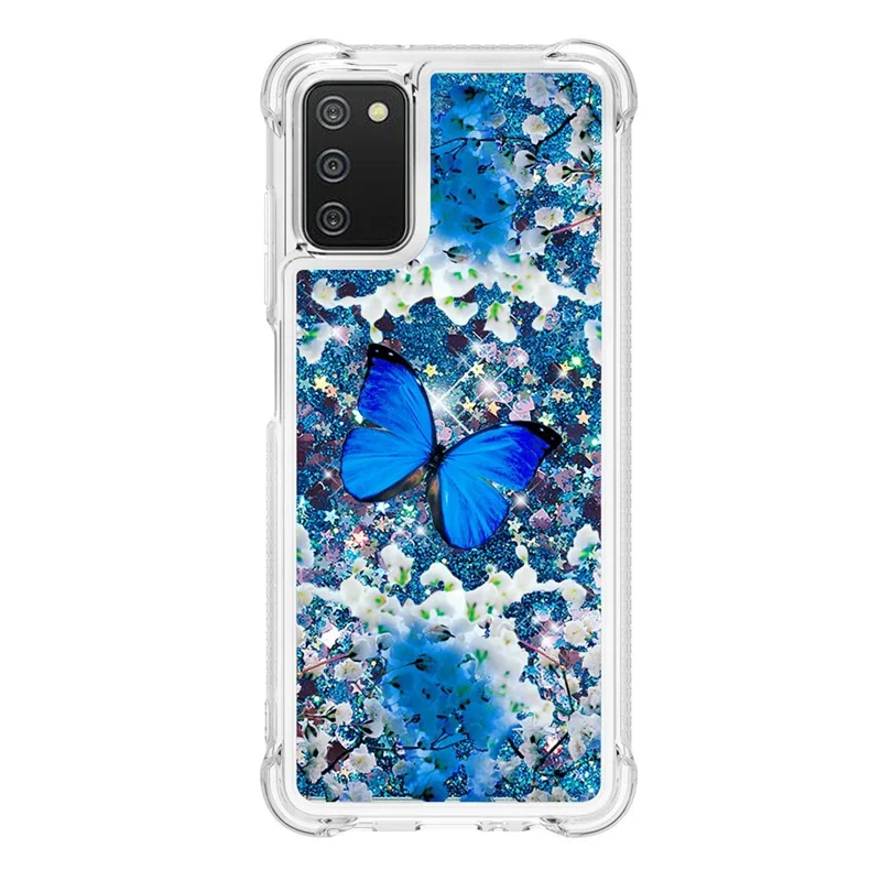Pattern Printing Sparkling Floating Liquid Quicksand Clear Thin Soft TPU Shockproof Phone Case for Samsung Galaxy A03s (164.2mm) - Blue Butterfly