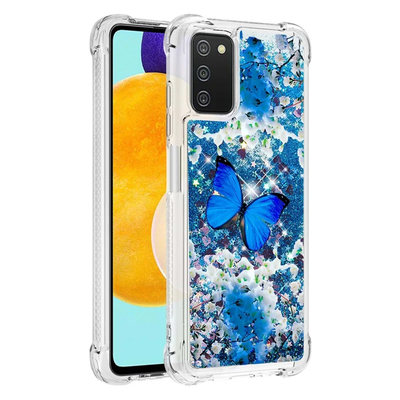 Pattern Printing Sparkling Floating Liquid Quicksand Clear Thin Soft TPU Shockproof Phone Case for Samsung Galaxy A03s (164.2mm) - Blue Butterfly