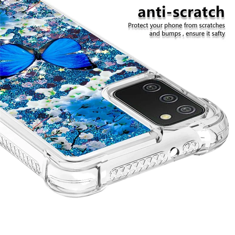 Pattern Printing Sparkling Floating Liquid Quicksand Clear Thin Soft TPU Shockproof Phone Case for Samsung Galaxy A03s (164.2mm) - Blue Butterfly