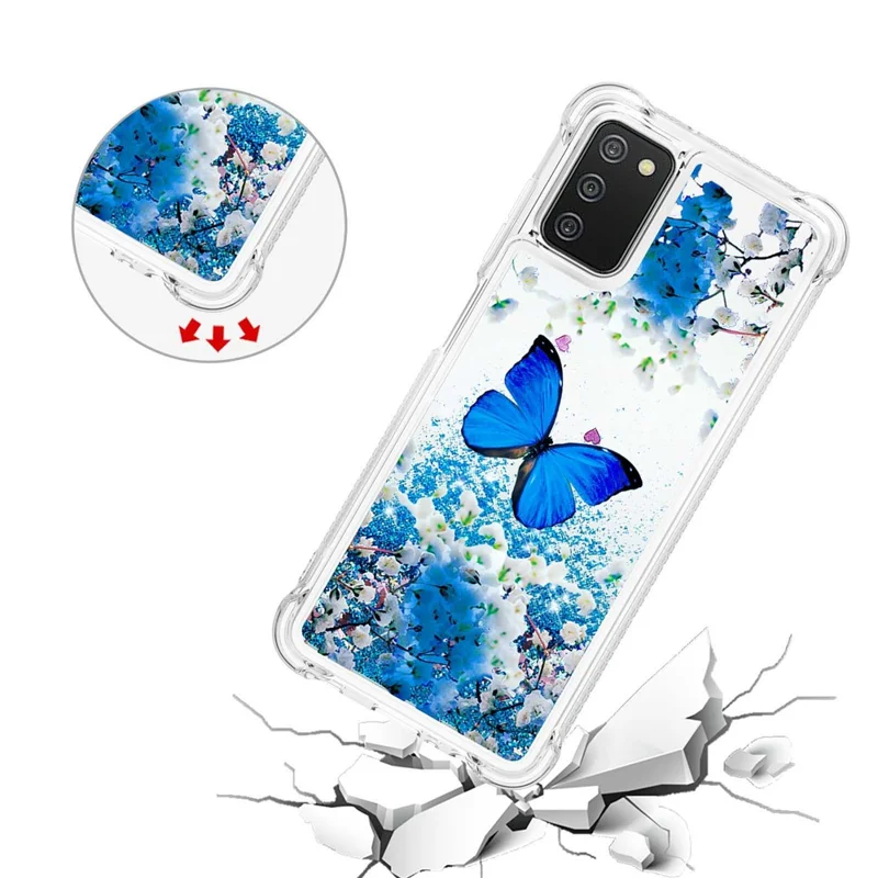 Pattern Printing Sparkling Floating Liquid Quicksand Clear Thin Soft TPU Shockproof Phone Case for Samsung Galaxy A03s (164.2mm) - Blue Butterfly