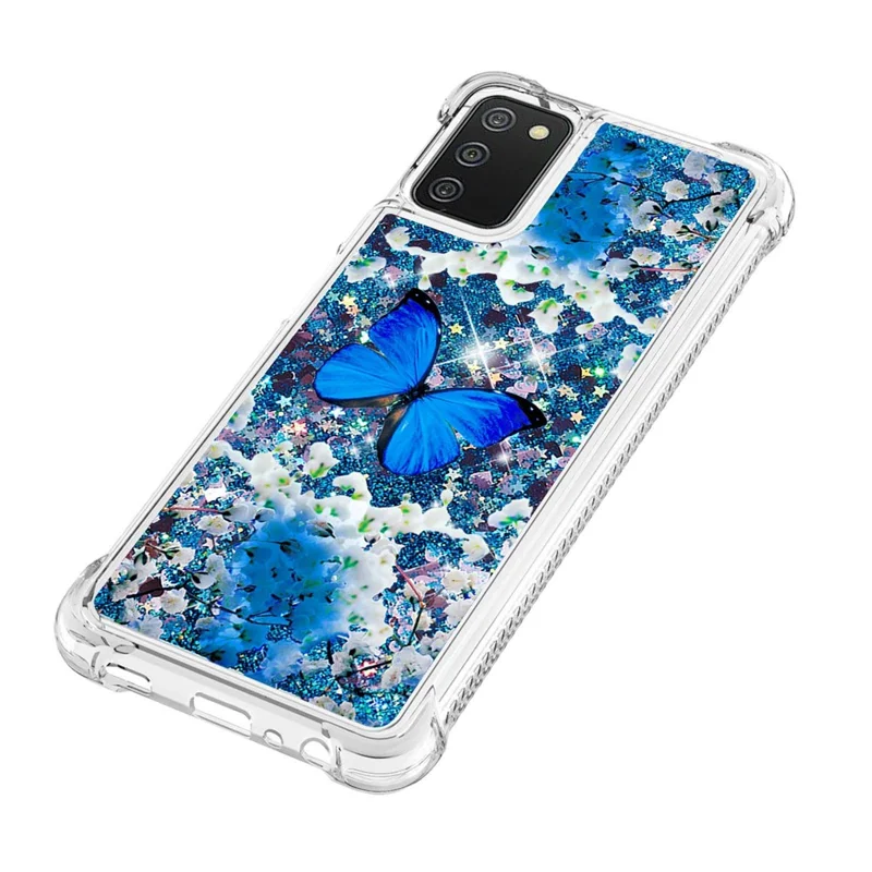 Pattern Printing Sparkling Floating Liquid Quicksand Clear Thin Soft TPU Shockproof Phone Case for Samsung Galaxy A03s (164.2mm) - Blue Butterfly
