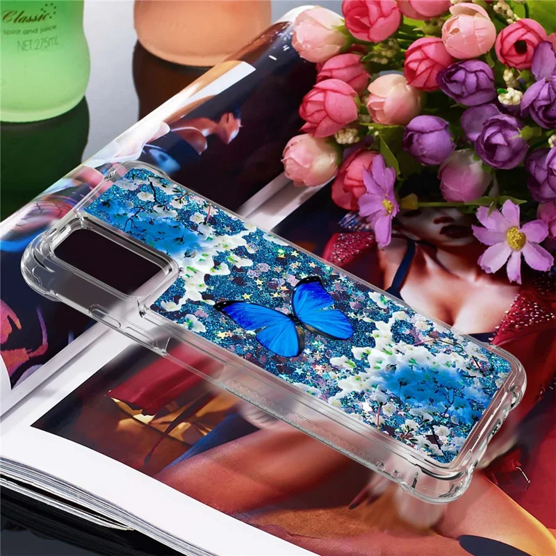 Pattern Printing Sparkling Floating Liquid Quicksand Clear Thin Soft TPU Shockproof Phone Case for Samsung Galaxy A03s (164.2mm) - Blue Butterfly
