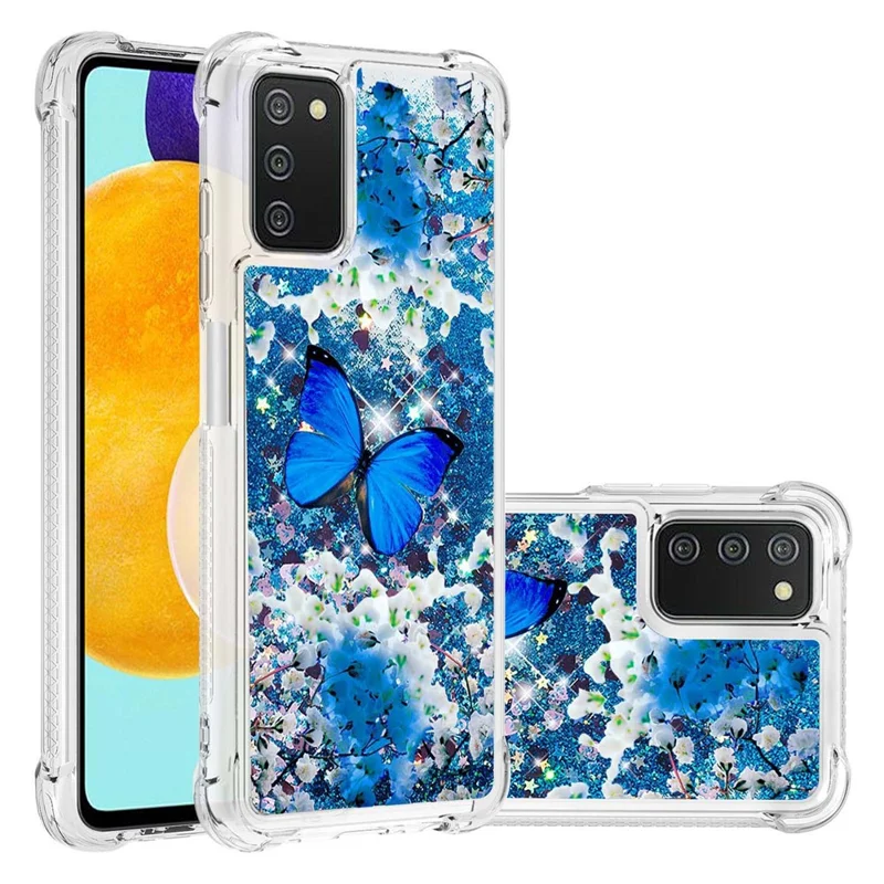 Pattern Printing Sparkling Floating Liquid Quicksand Clear Thin Soft TPU Shockproof Phone Case for Samsung Galaxy A03s (164.2mm) - Blue Butterfly