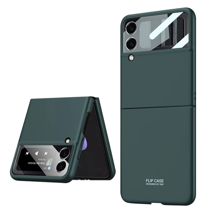 GKK Ultra-thin Hard PC Phone Flip Cover Cave с Помощью Закаленного Стеклянного Защитника на Заднем Экране Для Samsung Galaxy Z Flip3 5G - Полуночная Зеленая