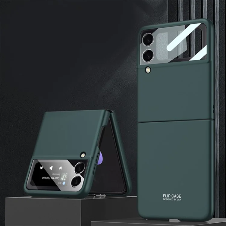 GKK Ultra-thin Hard PC Phone Flip Cover Cave с Помощью Закаленного Стеклянного Защитника на Заднем Экране Для Samsung Galaxy Z Flip3 5G - Полуночная Зеленая