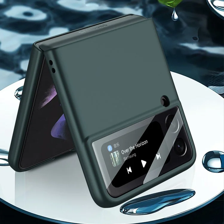 GKK Ultra-thin Hard PC Phone Flip Cover Cave с Помощью Закаленного Стеклянного Защитника на Заднем Экране Для Samsung Galaxy Z Flip3 5G - Полуночная Зеленая