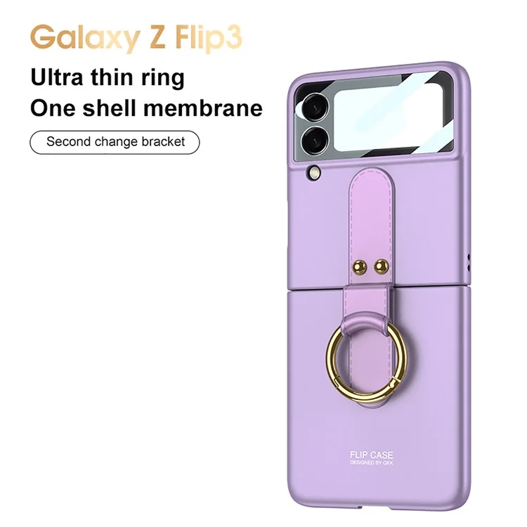 GKK Ring Holder Kickstand Ultra-thin PU Leather Coated PC Phone Flip Case Cover with Tempered Glass Camera Lens Protector Film for Samsung Galaxy Z Flip3 5G - Purple