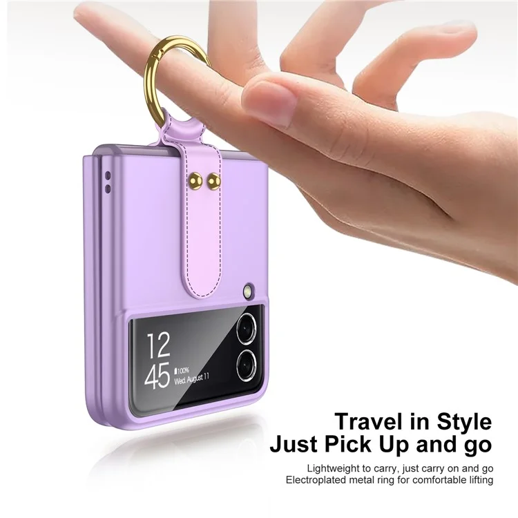 GKK Ring Holder Kickstand Ultra-thin PU Leather Coated PC Phone Flip Case Cover with Tempered Glass Camera Lens Protector Film for Samsung Galaxy Z Flip3 5G - Purple