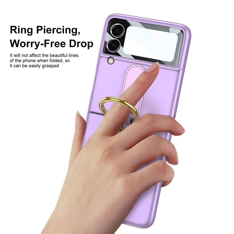 GKK Ring Holder Kickstand Ultra-thin PU Leather Coated PC Phone Flip Case Cover with Tempered Glass Camera Lens Protector Film for Samsung Galaxy Z Flip3 5G - Purple