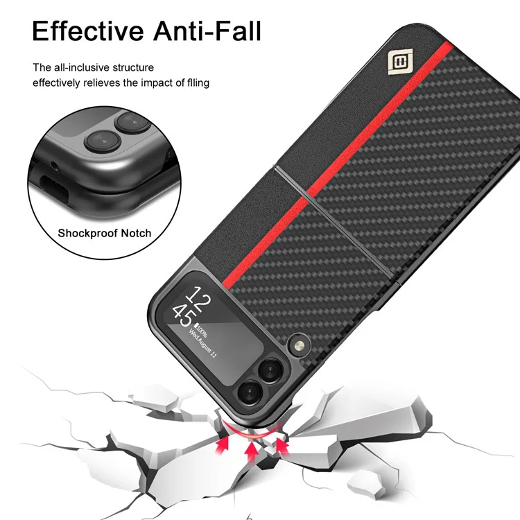 Étui de protection en PC enduit de cuir PU avec texture en fibre de carbone pour Samsung Galaxy Z Flip3 5G - Noir