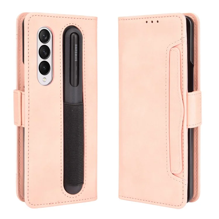 For Samsung Galaxy Z Fold3 5G Well-Protected Anti-Fall Pen Slot Phone Case PU Leather + TPU Phone Cover Multiple Card Slot Wallet Stand Design - Pink