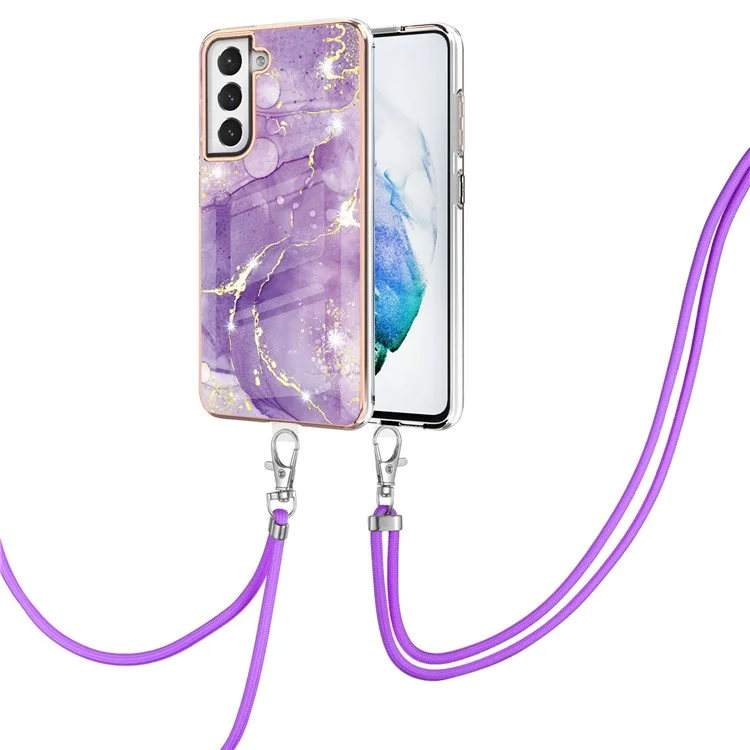 Case with Shoulder Strap IMD IML Flower Pattern TPU Back Cover for Samsung Galaxy S21 FE 5G - Purple 002