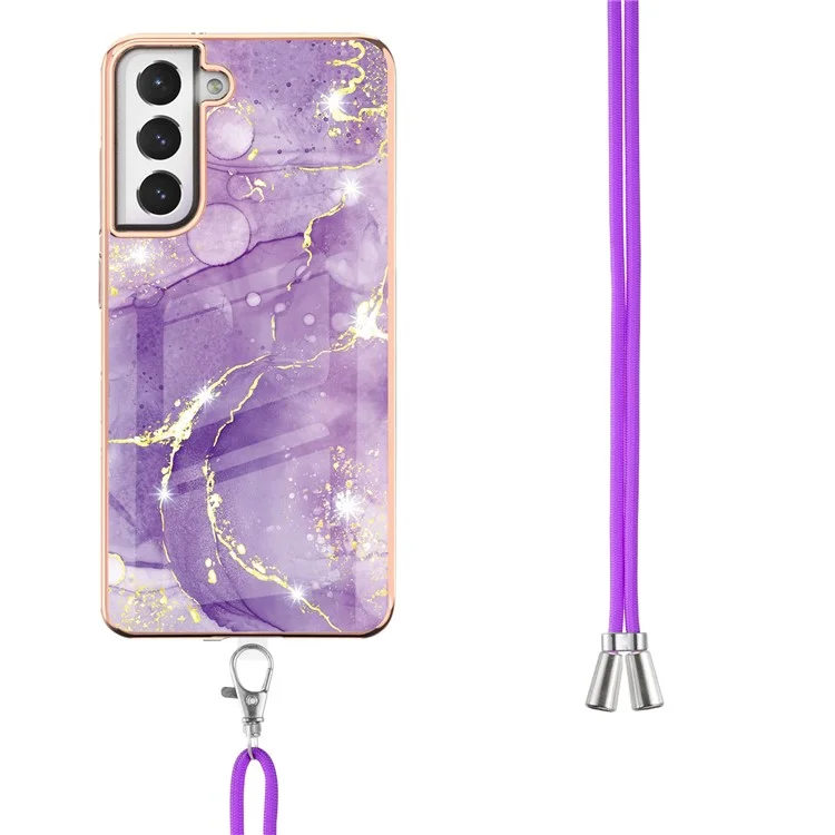 Case with Shoulder Strap IMD IML Flower Pattern TPU Back Cover for Samsung Galaxy S21 FE 5G - Purple 002
