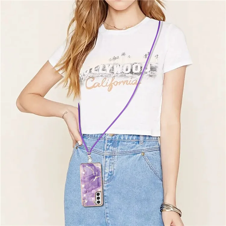 Case with Shoulder Strap IMD IML Flower Pattern TPU Back Cover for Samsung Galaxy S21 FE 5G - Purple 002