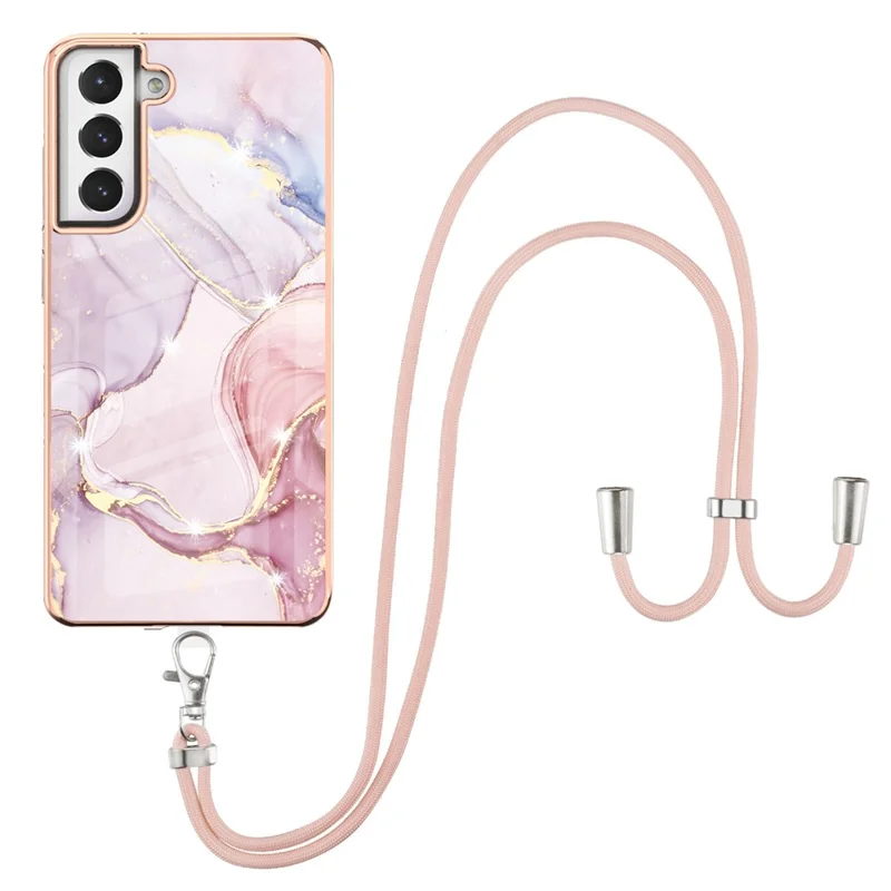 Case with Shoulder Strap IMD IML Flower Pattern TPU Back Cover for Samsung Galaxy S21 FE 5G - Rose Gold 005