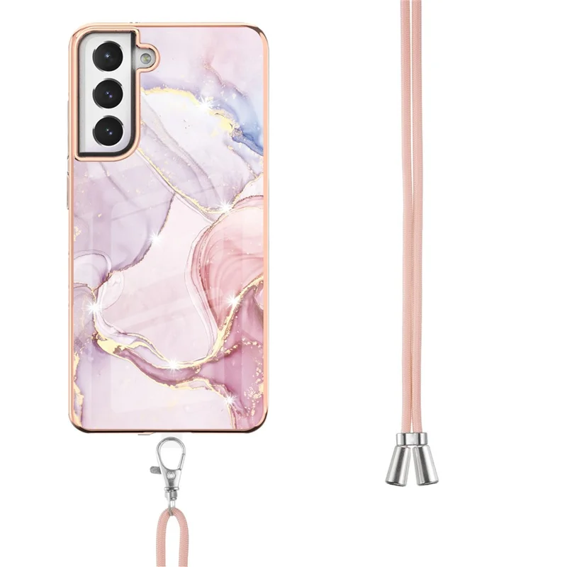 Case with Shoulder Strap IMD IML Flower Pattern TPU Back Cover for Samsung Galaxy S21 FE 5G - Rose Gold 005