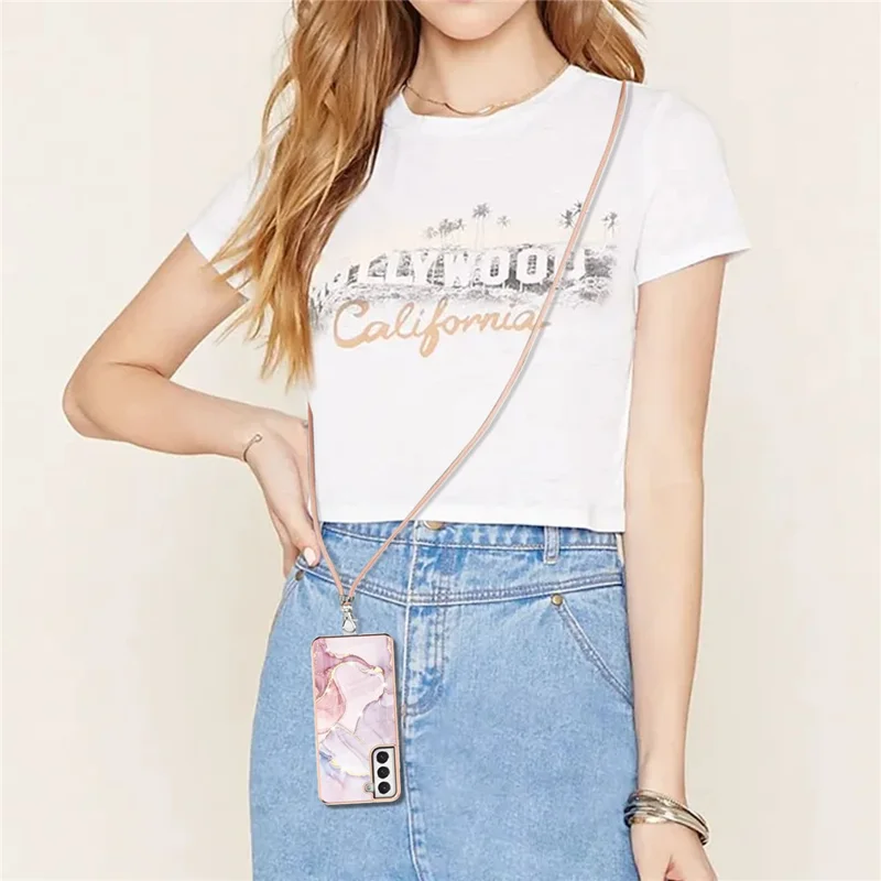 Case with Shoulder Strap IMD IML Flower Pattern TPU Back Cover for Samsung Galaxy S21 FE 5G - Rose Gold 005