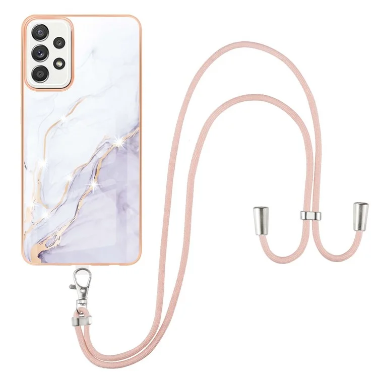 Couverture de protection électrolytique à motif marbre en TPU souple IMD avec dragonne pour Samsung Galaxy A52 4G / A52 5G / A52s 5G - Blanc 006