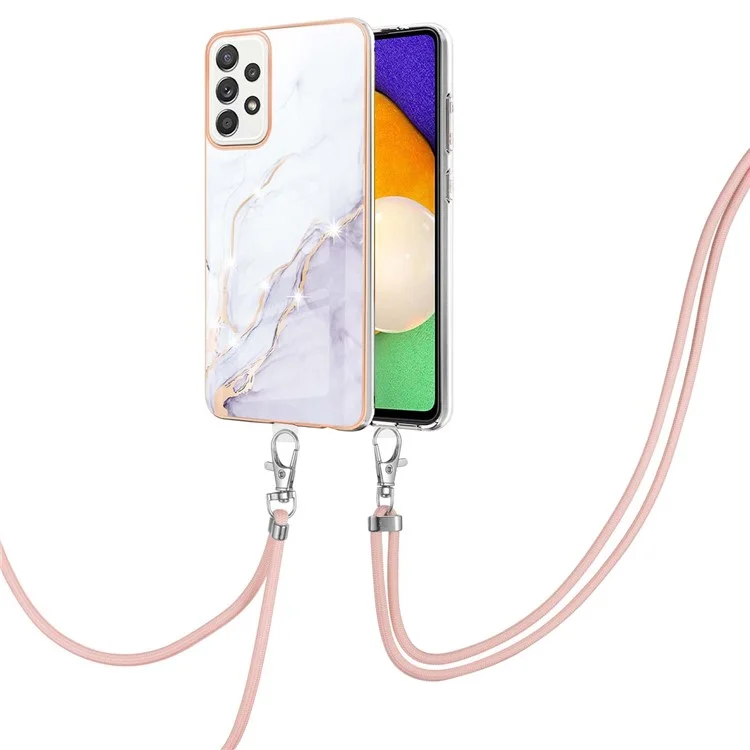 Couverture de protection électrolytique à motif marbre en TPU souple IMD avec dragonne pour Samsung Galaxy A52 4G / A52 5G / A52s 5G - Blanc 006