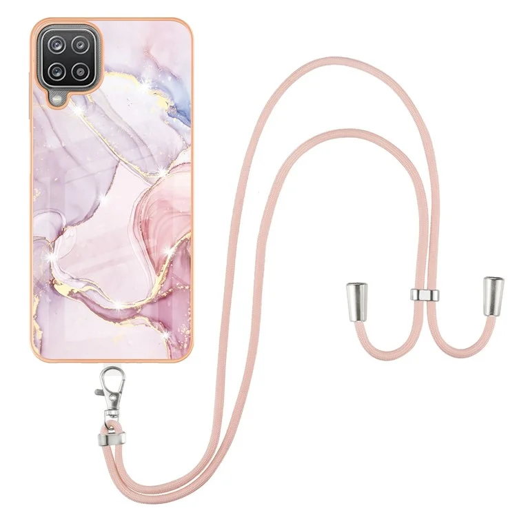 Case with Shoulder Strap IMD IML Flower Pattern TPU Back Cover for Samsung Galaxy A12 - Rose Gold 005