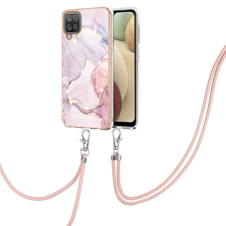 Case with Shoulder Strap IMD IML Flower Pattern TPU Back Cover for Samsung Galaxy A12 - Rose Gold 005