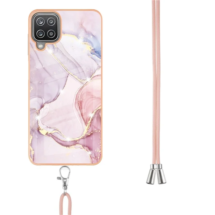 Case with Shoulder Strap IMD IML Flower Pattern TPU Back Cover for Samsung Galaxy A12 - Rose Gold 005