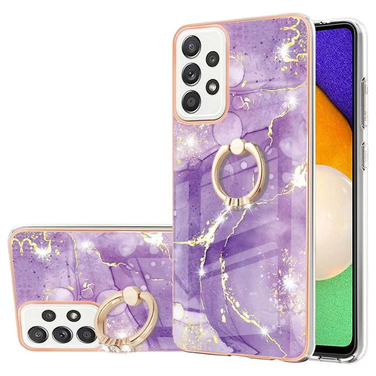 Case with Ring Kickstand Marble Pattern Electroplating TPU Back Cover for Samsung Galaxy A52 4G / 5G / A52s 5G - Purple 002