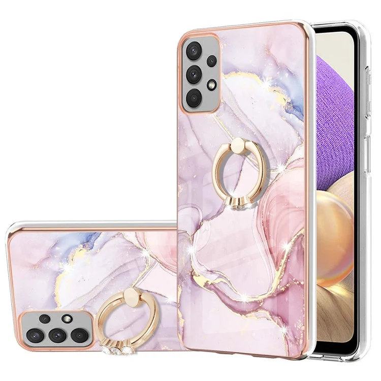 Funda de teléfono con patrón de mármol IML IMD de toque suave, revestimiento de TPU blando plateado con soporte para Samsung Galaxy A32 5G / M32 5G - Oro rosa 005 