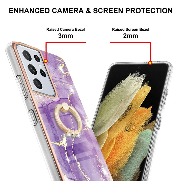 All-Inclusive IML IMD Marble Pattern Electroplating Flexible TPU Cover Phone Case with Kickstand for Samsung Galaxy S21 Ultra 5G - Purple 002