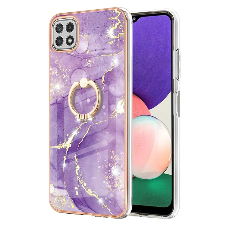 Hemming Design Electroplating Flexible TPU Cover IML IMD Marble Pattern Phone Case with Kickstand für Samsung Galaxy A22 5G (EU Version) - Lila 002