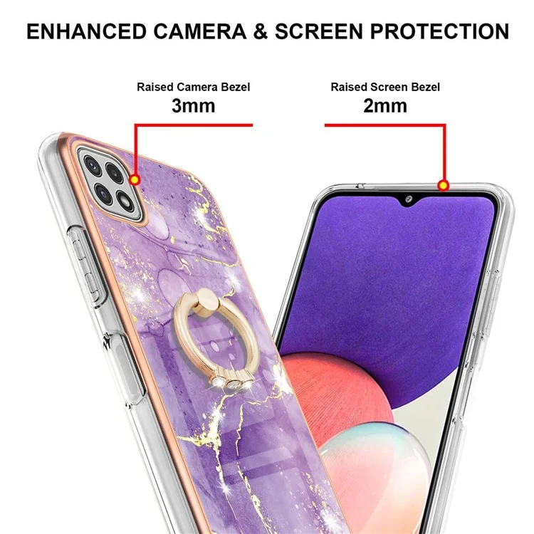 Hemming Design Electroplating Flexible TPU Cover IML IMD Marble Pattern Phone Case with Kickstand für Samsung Galaxy A22 5G (EU Version) - Lila 002
