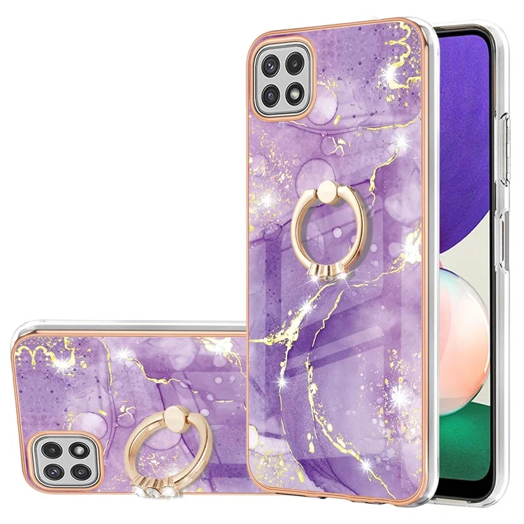 Hemming Design Electroplating Flexible TPU Cover IML IMD Marble Pattern Phone Case with Kickstand für Samsung Galaxy A22 5G (EU Version) - Lila 002
