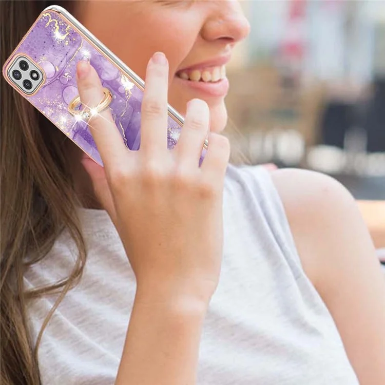 Hemming Design Electroplating Flexible TPU Cover IML IMD Marble Pattern Phone Case with Kickstand für Samsung Galaxy A22 5G (EU Version) - Lila 002