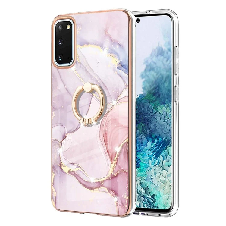 Case with Ring Kickstand Marble Pattern Electroplating TPU Back Cover for Samsung Galaxy S20 4G / S20 5G - Rose Gold 005