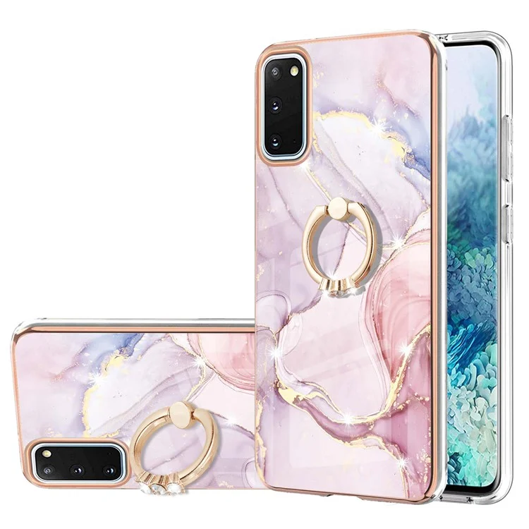 Case with Ring Kickstand Marble Pattern Electroplating TPU Back Cover for Samsung Galaxy S20 4G / S20 5G - Rose Gold 005